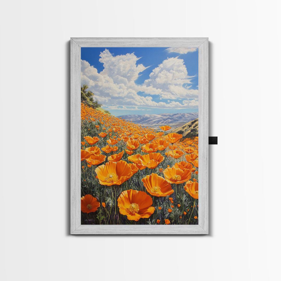 California Poppy Canvas Print with Vibrant Wildflower Painting, Rustic Living Room Art, Nature Landscape for Farmhouse Wall Decor