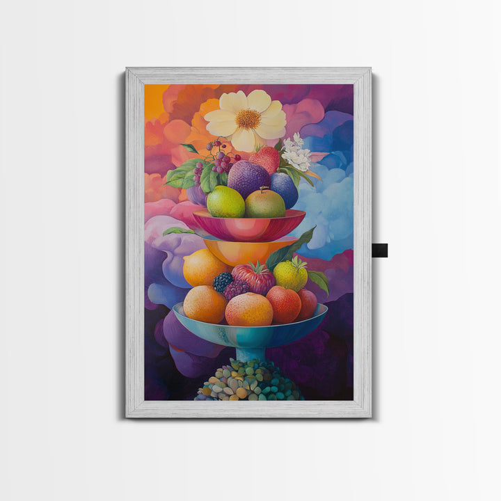 Colorful Fruit Bowl Canvas Print Featuring Still Life Painting, Whimsical Kitchen Art, Vibrant Food Review Wall Art for Dining Spaces