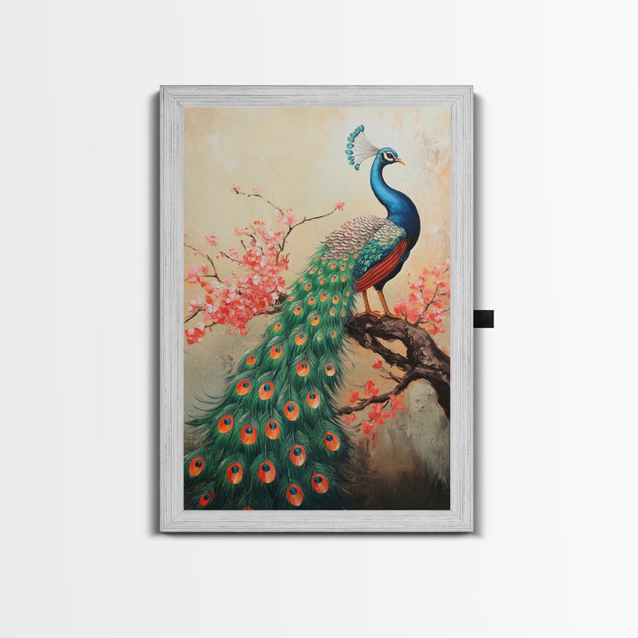 Peacock Canvas Print with Cherry Blossom Painting, Vibrant Oriental Art, Rustic Chinoiserie Wall Decor, Bold Statement Piece for Living Room