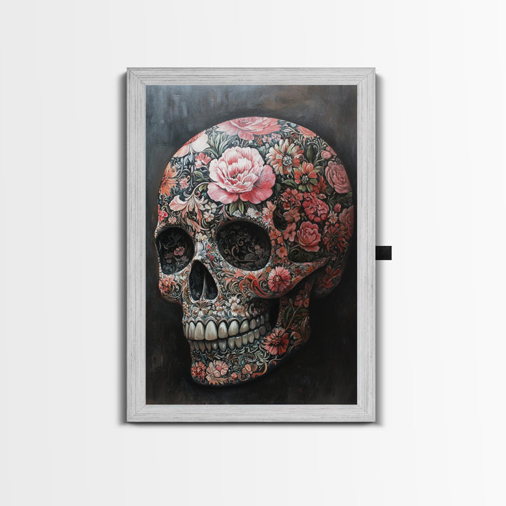 Skull Art Framed Canvas Print with Intricate Floral Patterns in Gothic Boho Style, Chinoiserie-Inspired Rustic Bedroom or Living Room Art