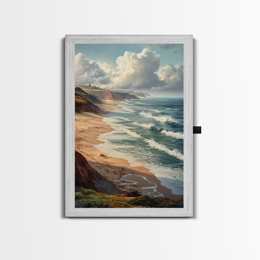 Coastal Seascape Framed Canvas Print Ocean Landscape Painting Cliffside Waves Art Nautical Coastal Decor Above Sofa Rustic Living Room Art
