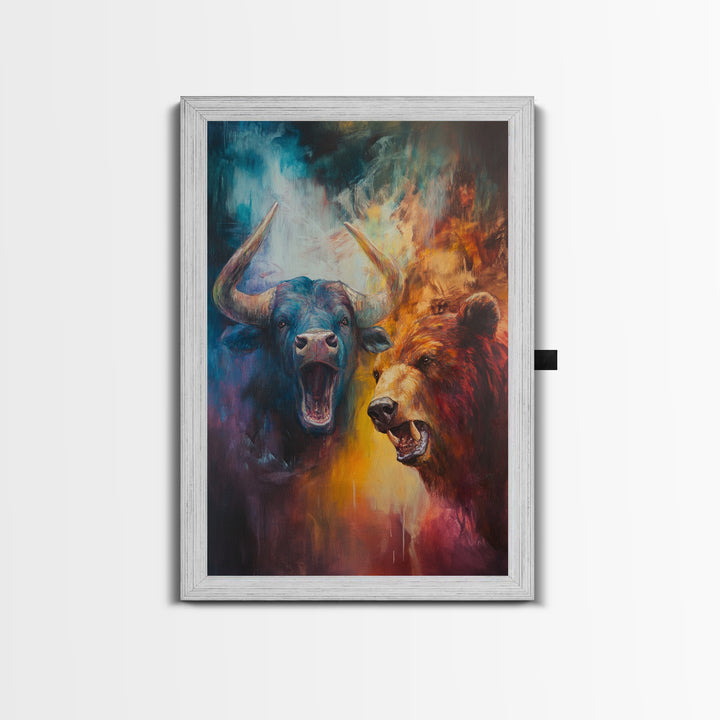 Bull and Bear Duel Framed Canvas Print Vibrant Moody Art Rustic Wall Art Unique Gift Idea Living Room Decor Animal Art Financial Market Theme