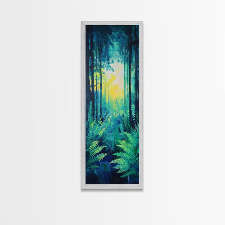 Forest Glow, pine tree art, moody art, landscape painting, above sofa art, gift idea for her, Framed Canvas Print