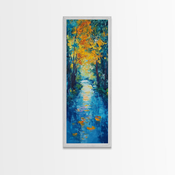 Autumn Reflection, fall painting, birch tree art, mountain painting, rustic wall art, panoramic art, Framed Canvas Print