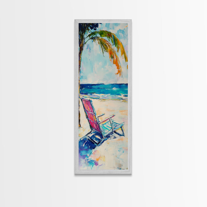 Beach Chair, Palm Tree, Coastal Wall Art, Seascape Painting, Nautical Decor, Coastal Wall Art, Framed Canvas Print, Living Room Art
