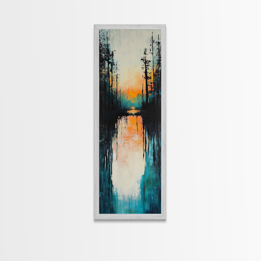Sunset Reflection, coastal painting, pink orange wall art, lake Tahoe art farmhouse art, Framed Canvas Print, panoramic art