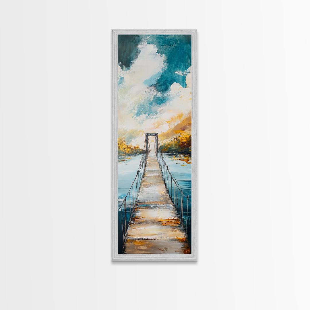 Bridge Over Water, rustic decor, wabi sabi art, boho art, tall skinny art, extra wide art, Framed Canvas Print, farmhouse art
