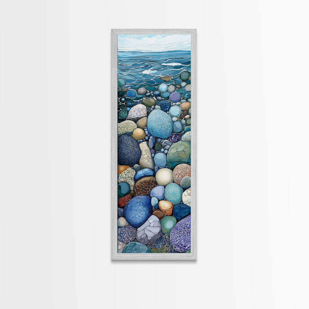Pebble Beach, mosaic wall art, coastal decor, nautical painting, blue and green wall art, extra wide art, Canvas Print, above sofa art