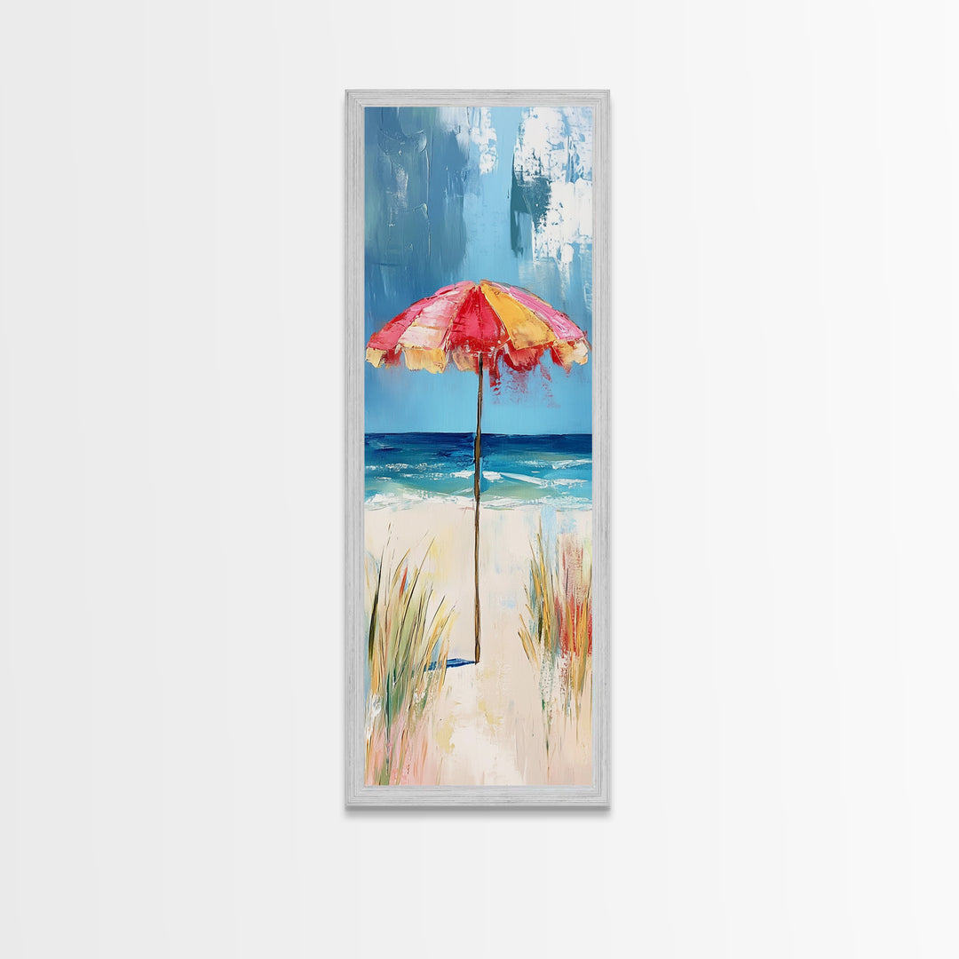 Beach Umbrella, Ocean Breeze, Coastal Decor, Surf Wall Art, Nautical Painting, Coastal Wall Art, Framed Canvas Print, Tall Skinny Art
