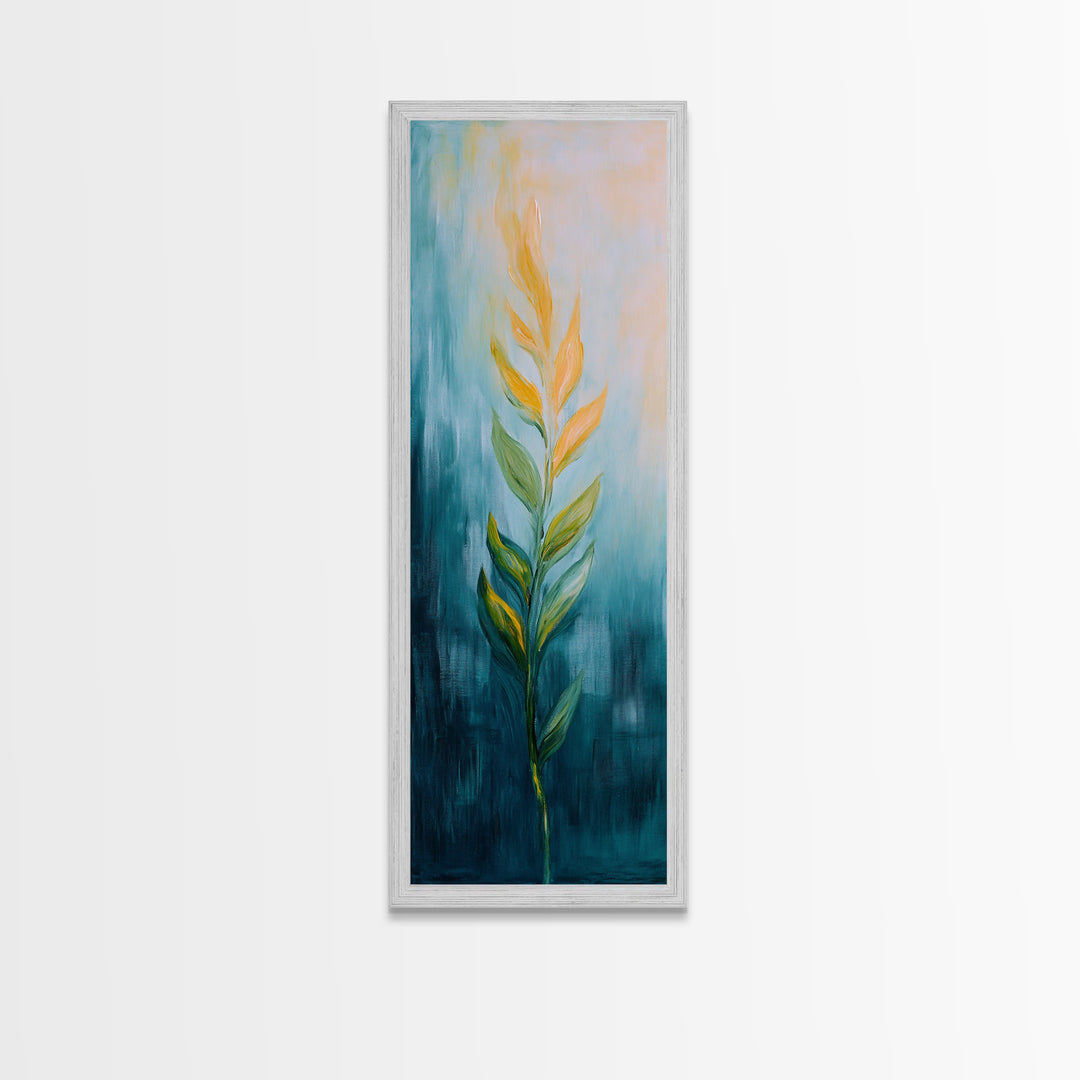 Botanical, teal and gold, minimalist art, wabi sabi art, vertical wall art, framed canvas print, modern decor, bedroom art