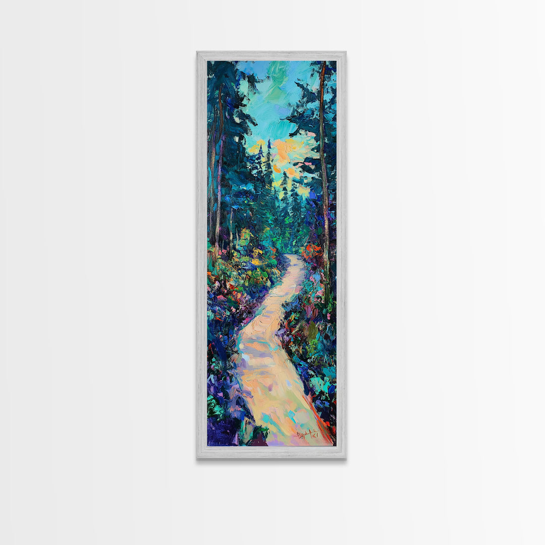 Abstract Forest Path, moody art, landscape painting, wildflower painting, pine tree art, framed canvas print, vertical wall art