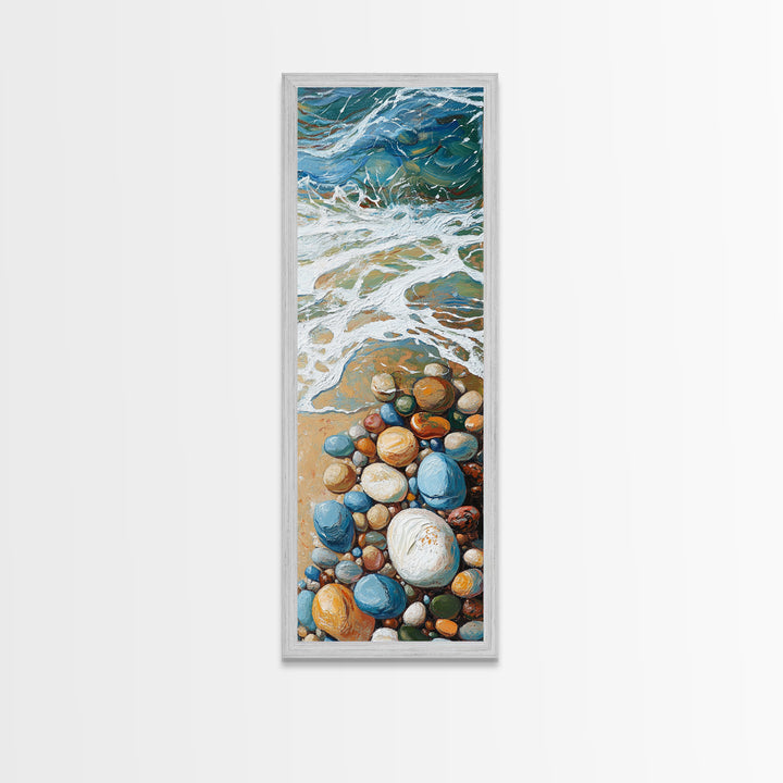 Pebble Beach Art, coastal painting, framed canvas print, beach house decor, nautical wall art, blue and green wall art