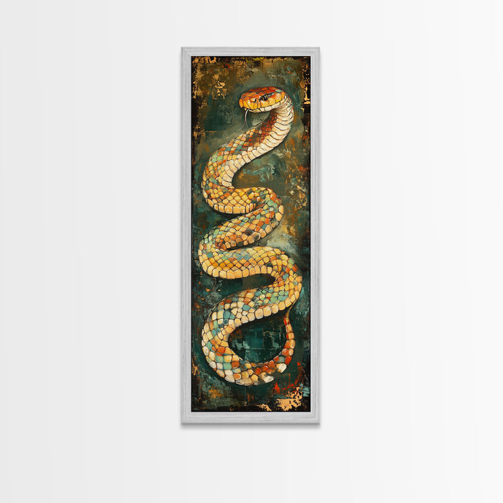 Coiled Snake, Wildlife Painting, Moody Art, Rustic Decor, Extra Wide Art, Above Sofa Art, Living Room Art, Framed Canvas Print