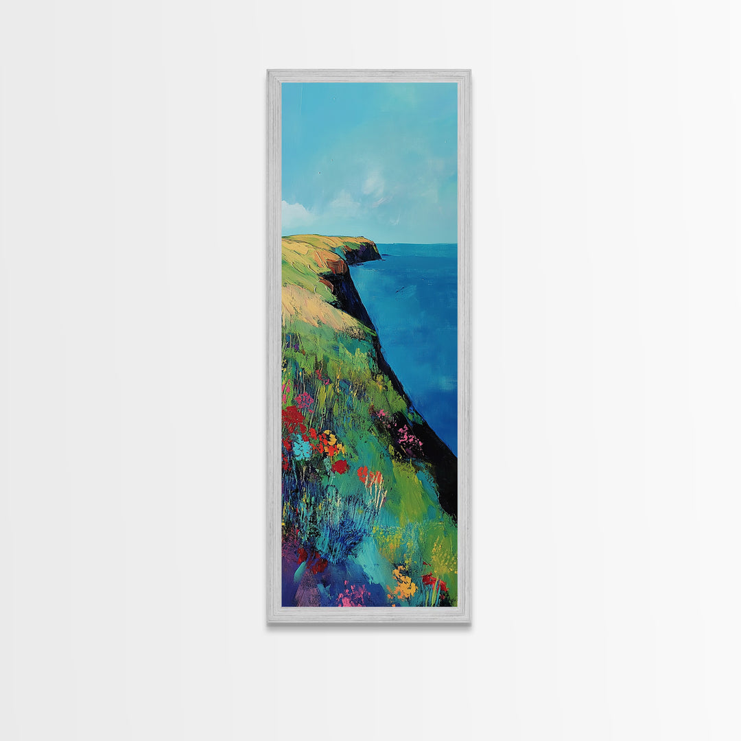 Coastal cliffs, Ireland painting, wildflower painting, landscape painting, framed canvas print, extra wide art