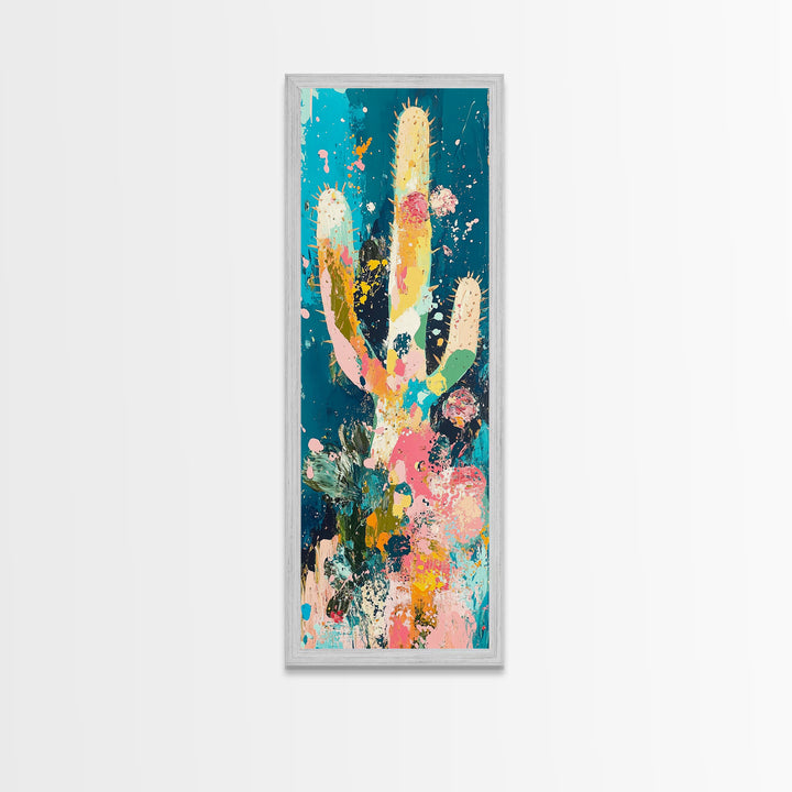 Colorful cactus, southwest wall art, agave painting, botanical prints, framed canvas print, tall narrow art, vertical wall art