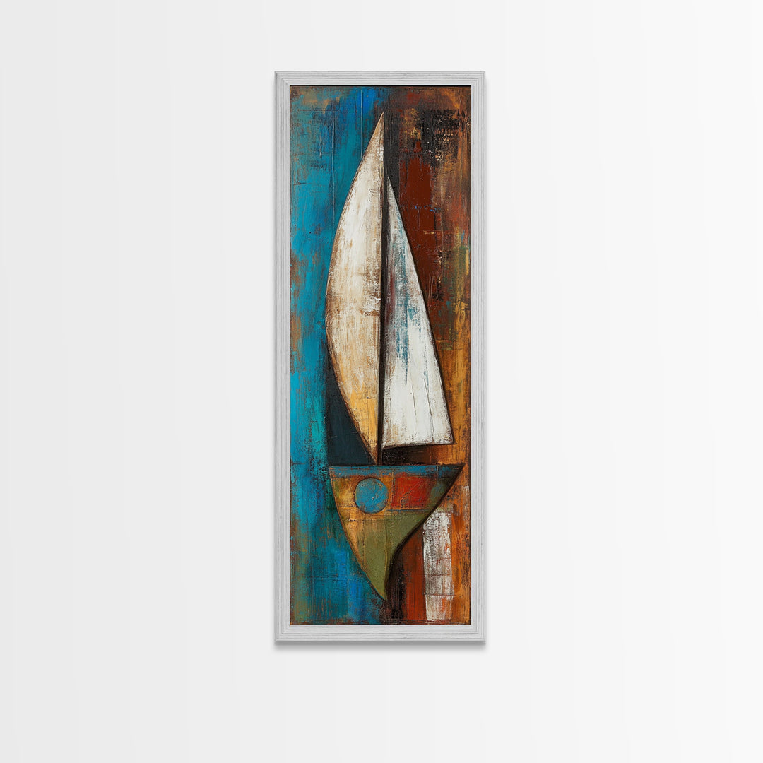 Abstract sailboat, nautical painting, long narrow wall art, framed canvas print, rustic art, extra wide art, blue and green wall art