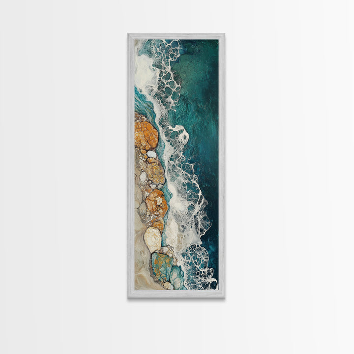 Rocky Shore, coastal painting, ocean wall art, seascape painting, extra wide art, boho art, wabi sabi art, Canvas Print