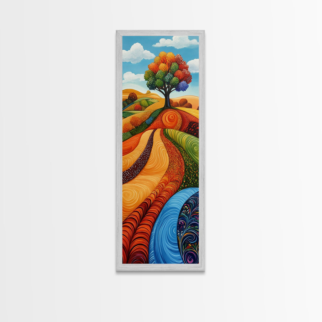 Colorful Fields, folk art, Russian folk art, pink orange wall art, bright and bold, framed canvas print, extra wide art