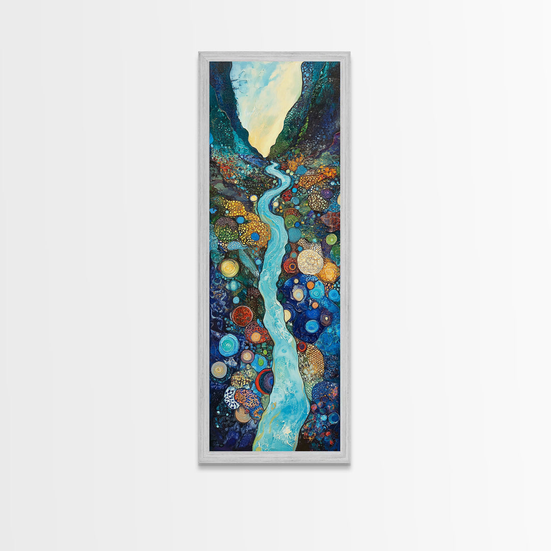 Abstract River, mosaic wall art, blue and green wall art, geometric wall art, whimsical art, framed canvas print, tall narrow art
