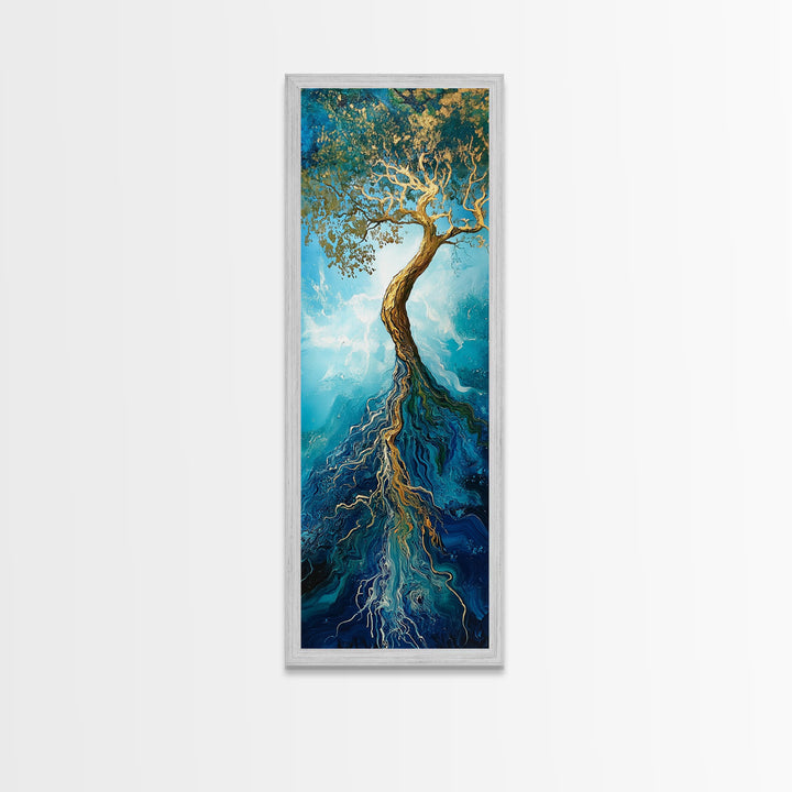 Rooted Tree, oak tree art, blue and green wall art, sacred geometry wall art, mystical art, framed canvas print, vertical wall art