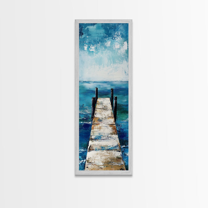 Dock on Water, Coastal Landscape Art, Nautical Wall Art, Seascape Painting, Rustic Decor, Tall Narrow Art, Canvas Print