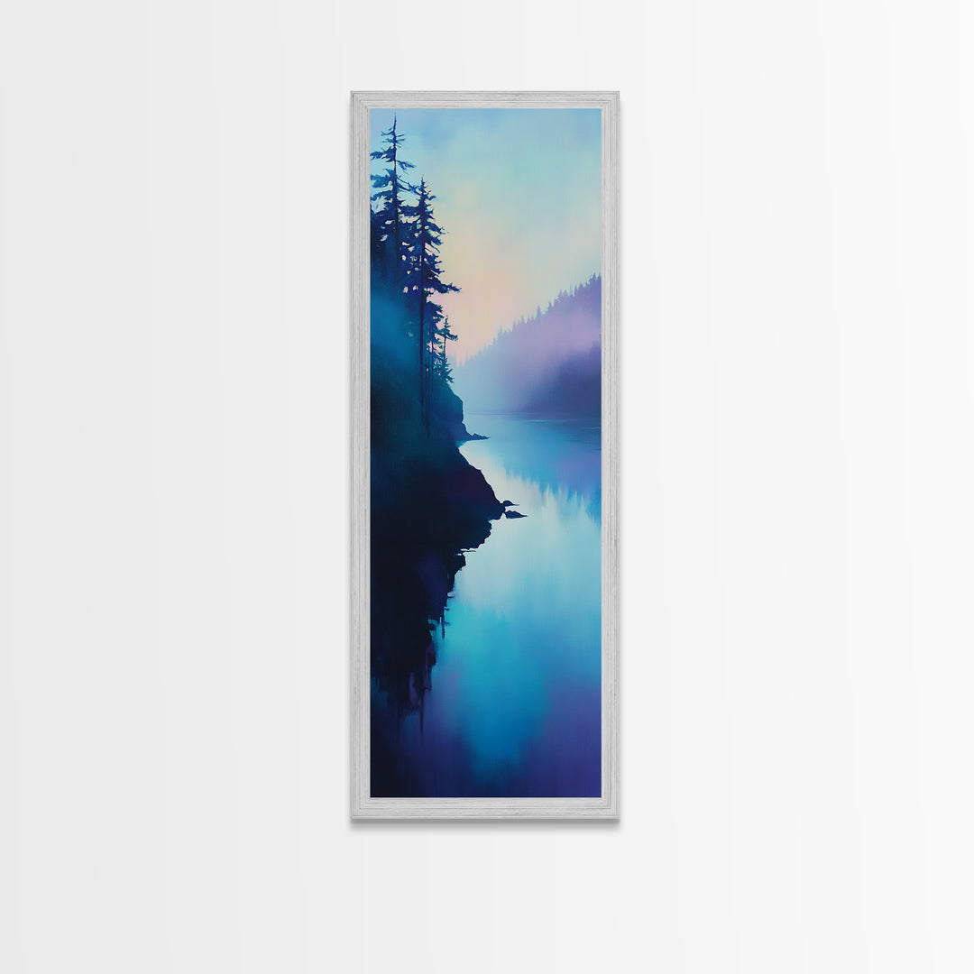 Misty Lake, forest at dusk painting, blue and green wall art, moody art, vertical wall art, pine tree art, framed canvas print