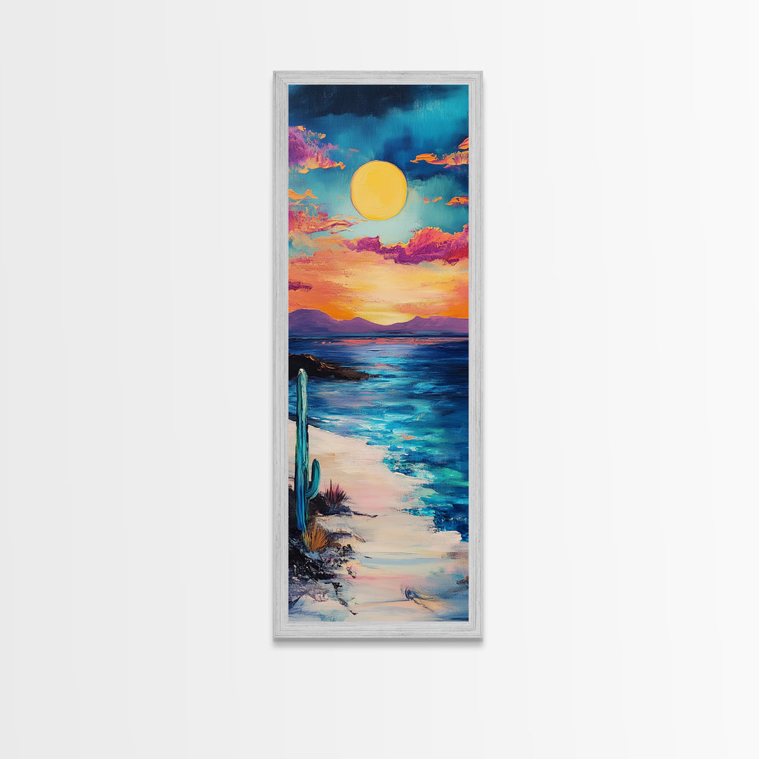 Desert Sunset, cactus painting, southwest wall art, coastal landscape art, framed canvas print, panoramic art