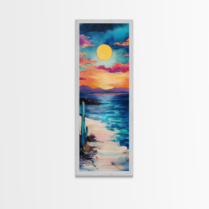 Desert Sunset, cactus painting, southwest wall art, coastal landscape art, framed canvas print, panoramic art