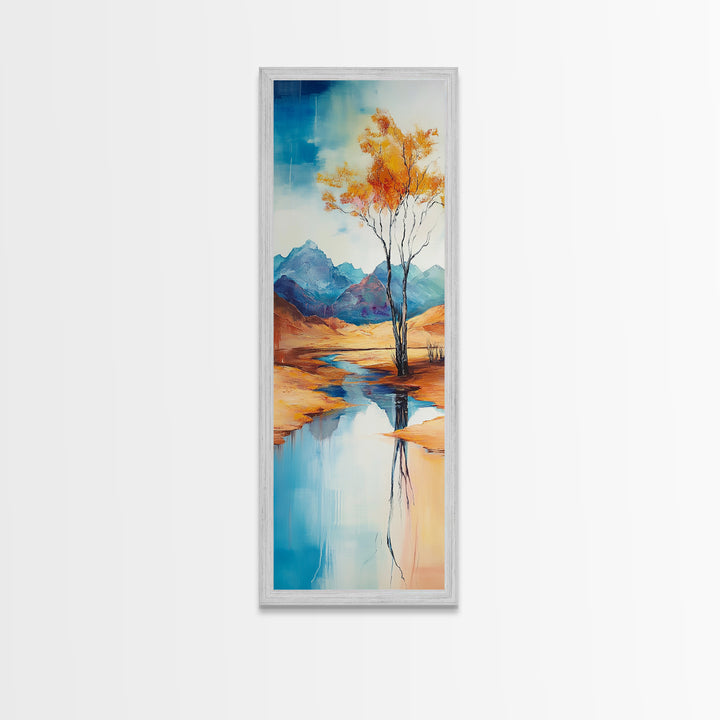 Autumn Reflections, landscape painting, birch tree art, above bed wall art, rustic wall art, framed canvas print, tall narrow art