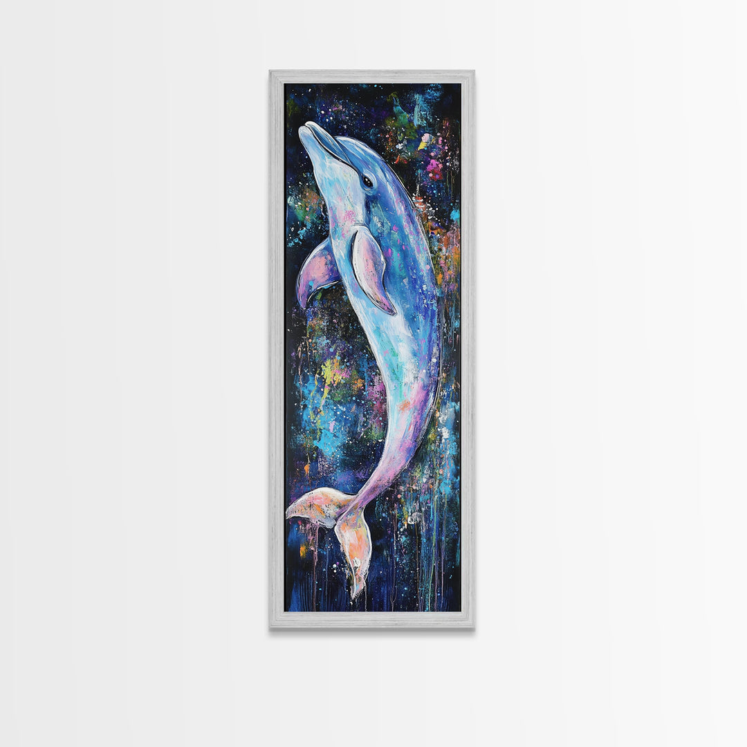 Cosmic dolphin, dolphin painting, ocean wall art, nautical painting, whimsical art, blue and green wall art, framed canvas print