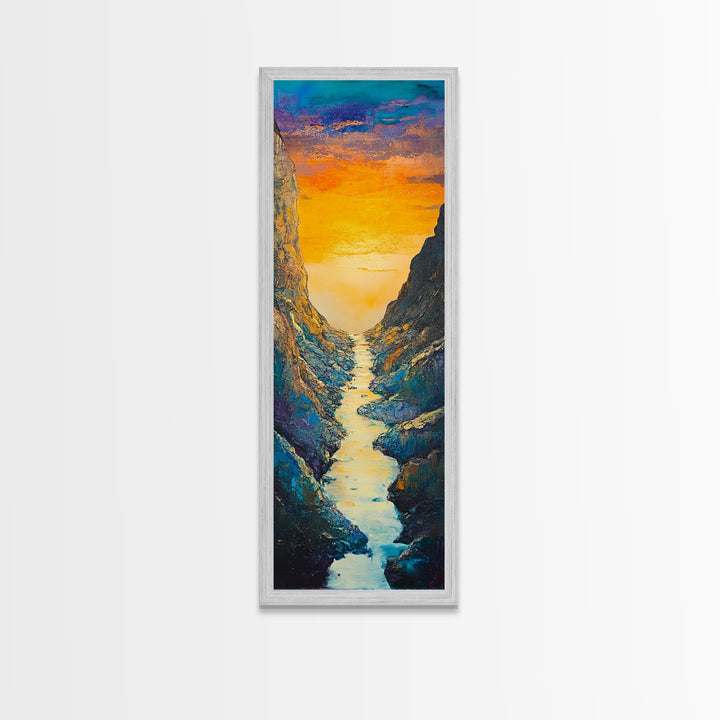 Sunset River, mountain painting, vertical wall art, nature art, framed canvas print, above sofa art, extra wide art, rustic decor
