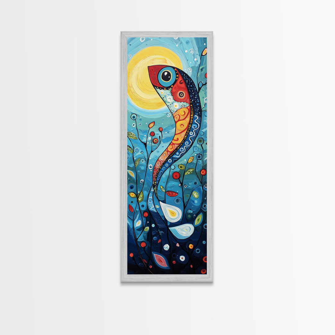 Koi Fish Fantasy, koi fish painting, whimsical art, framed canvas print, vibrant wall art, long narrow wall art,  tall skinny art