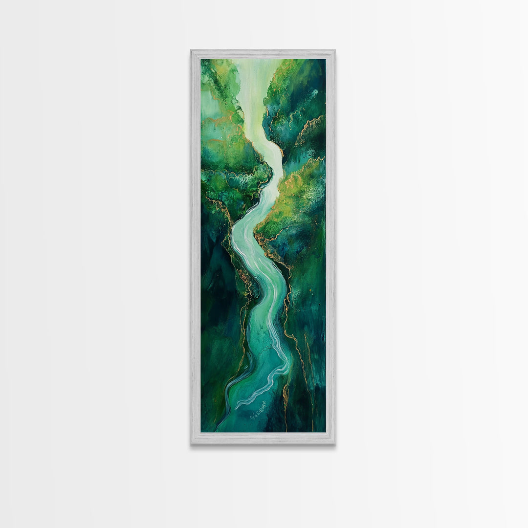 Emerald River, sage green wall art, framed canvas print, minimalist art, extra wide art, rustic decor, long narrow art