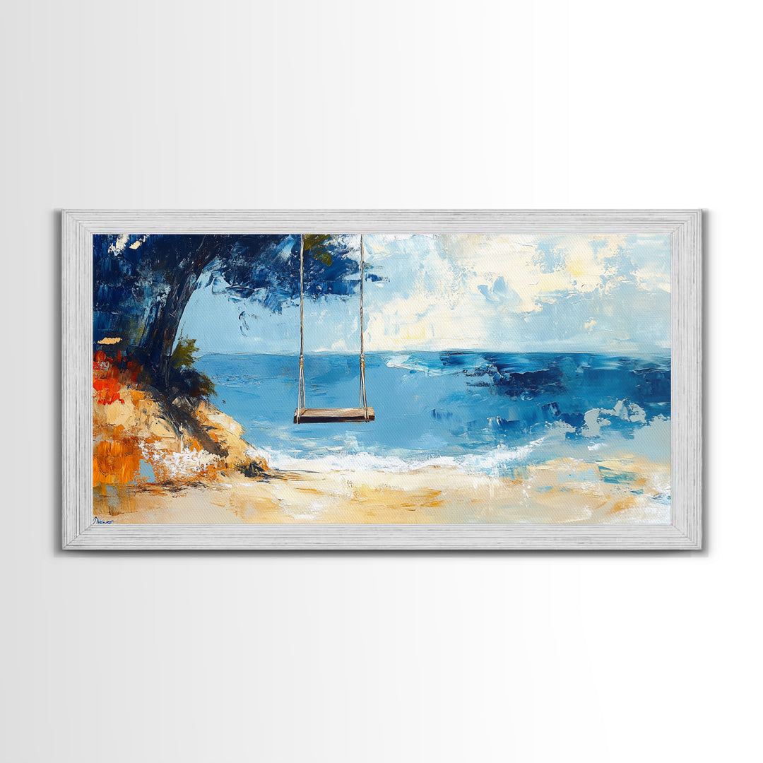 Beach Swing, Ocean Art, Coastal Landscape Art, Nautical Decor, Coastal Wall Art, Above Sofa Art, Canvas Print, Seascape Painting