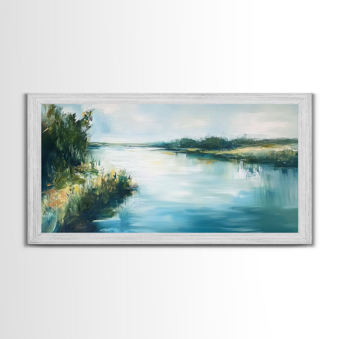 River Reflection, landscape painting, rustic wall art, sage green wall art, farmhouse art, coastal art, extra wide art, Canvas Print