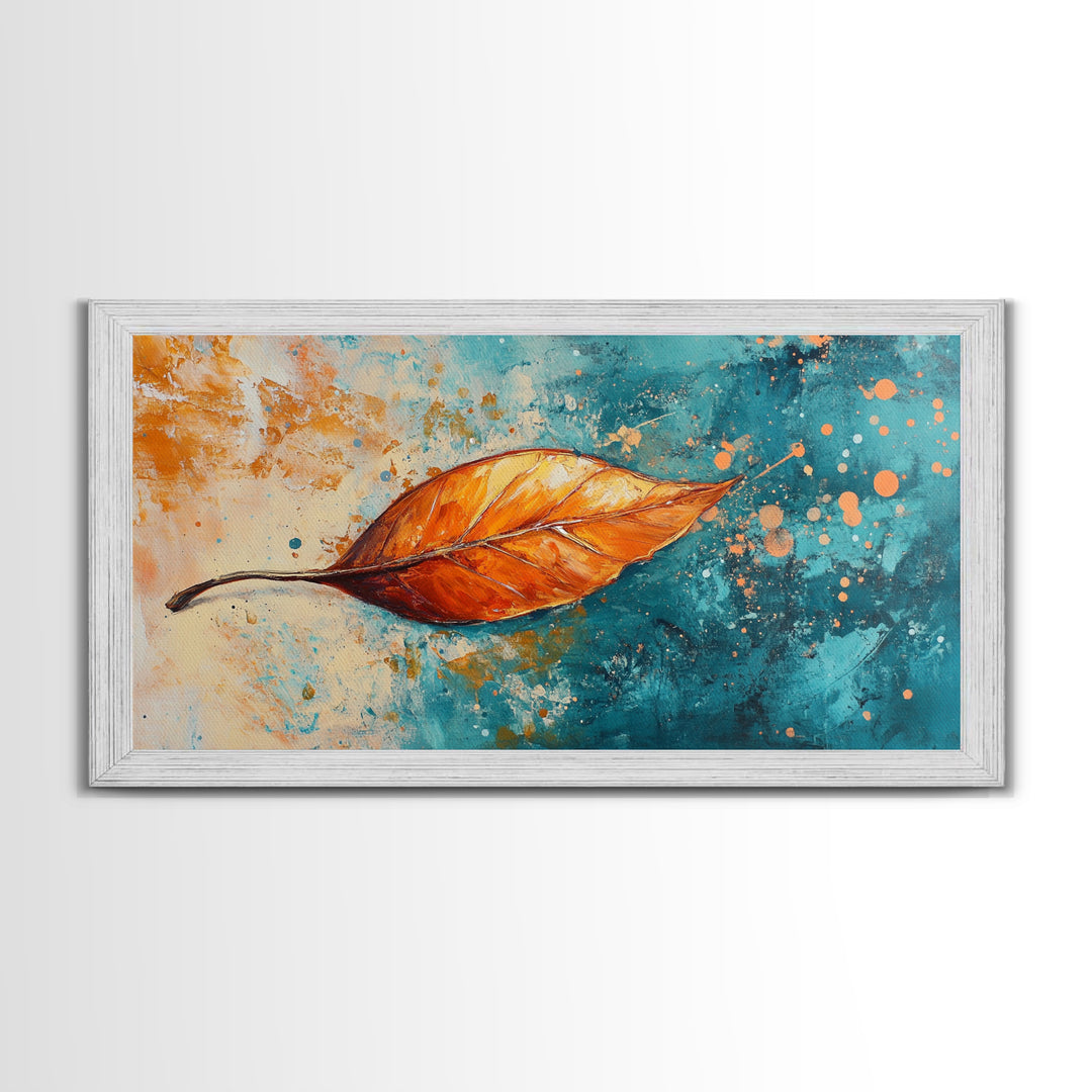 Autumn Leaf, fall painting, teal wall art, botanical prints, moody art, textured painting, gift idea for her, Canvas Print