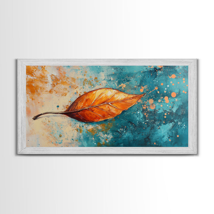 Autumn Leaf, fall painting, teal wall art, botanical prints, moody art, textured painting, gift idea for her, Canvas Print