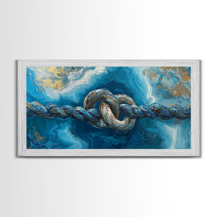 Ocean Rope, nautical decor, blue and gold wall art, coastal painting, seascape painting, horizontal wall art, Framed Canvas Print
