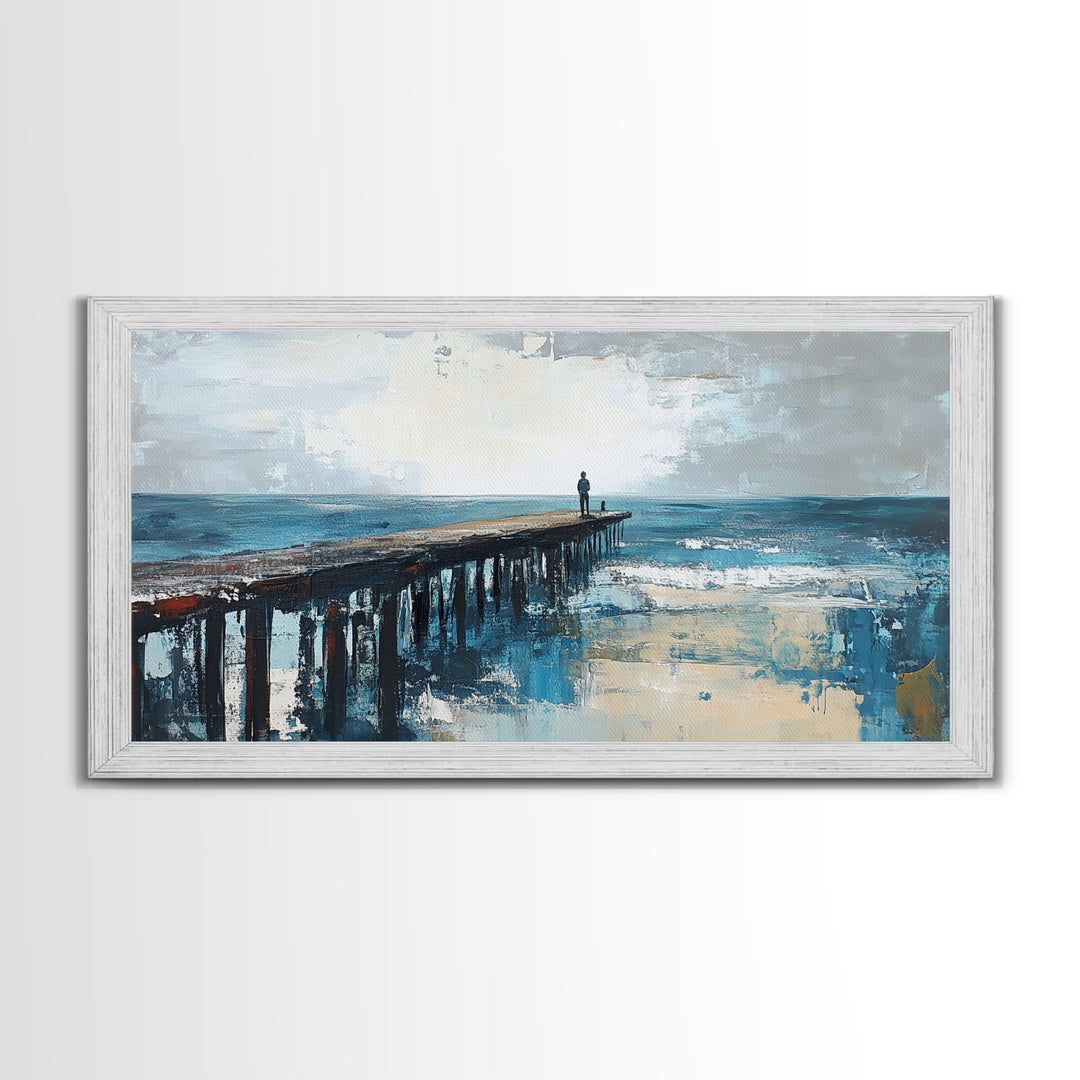 Pier at Dusk, moody art, coastal wall art, ocean painting, nautical painting, wabi sabi art, panoramic art, Canvas Print, seascape