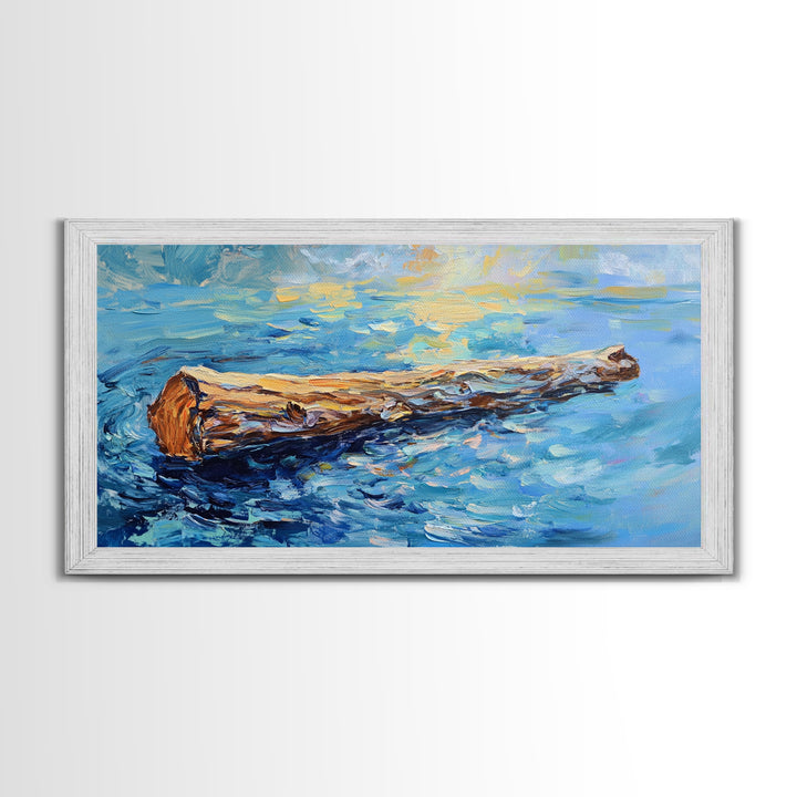 Drifting Log, rustic art, coastal painting, seascape painting, panoramic art, landscape painting, Framed Canvas Print,