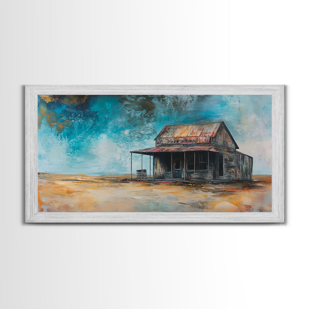 Abandoned Cabin Art, Rustic Wall Art, Moody Art, Western Landscape Painting, Framed Canvas Print, Extra Wide Art, Living Room Art