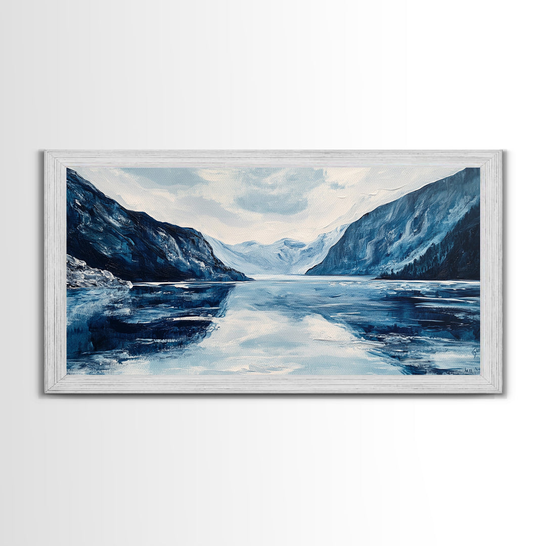 Blue and White Fjord, Lake Tahoe Art, Coastal Landscape Art, Extra Wide Art, Framed Canvas Print, Minimalist Art, Nautical Decor