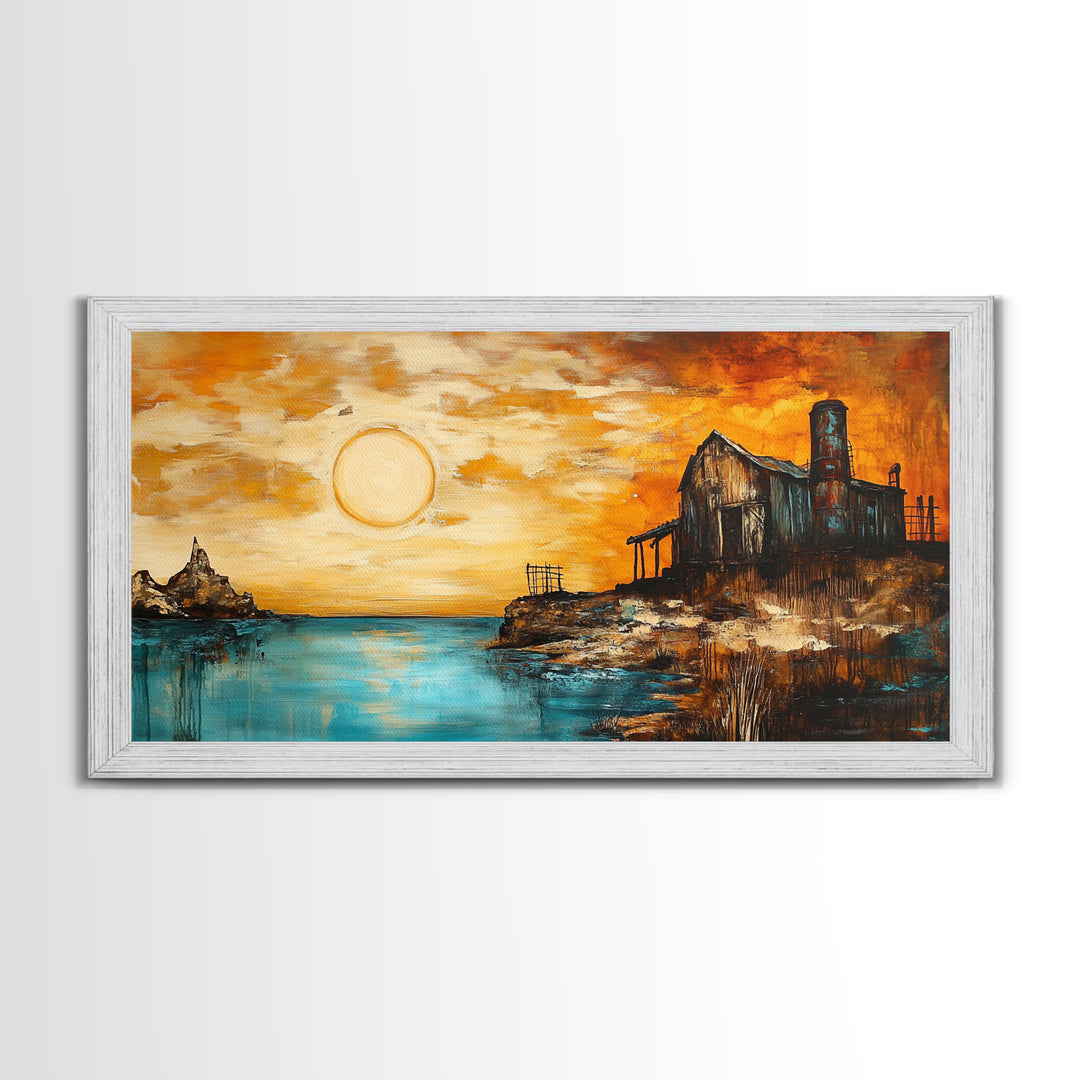 Rustic Barn, sunset painting, farmhouse art, rustic wall art, panoramic painting, framed canvas print, southwest wall art