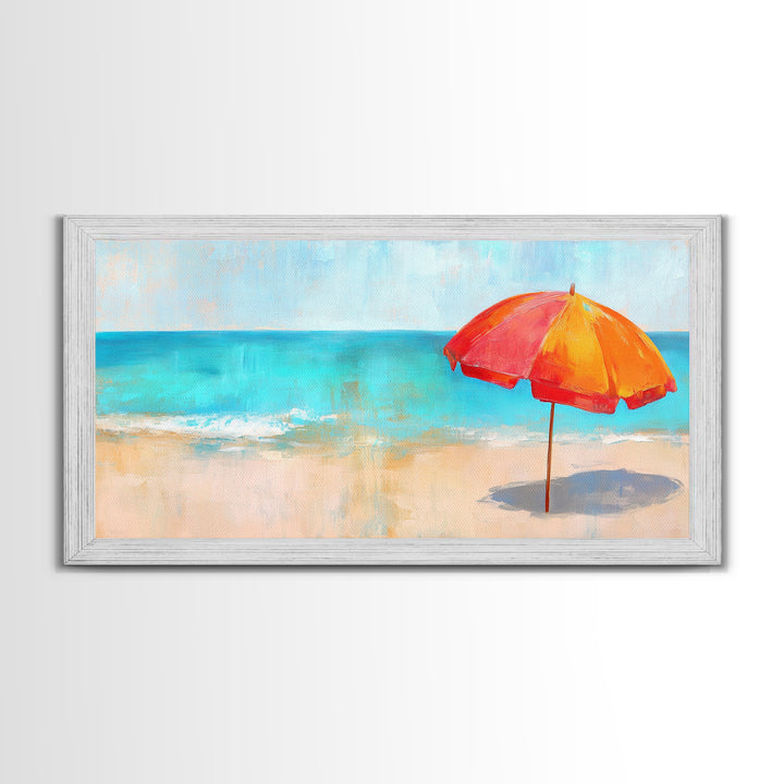 Beach Umbrella, Coastal Decor, Nautical Wall Art, Seascape Painting, Ocean Painting, Extra Wide Art, Framed Canvas Print, Beach House Art