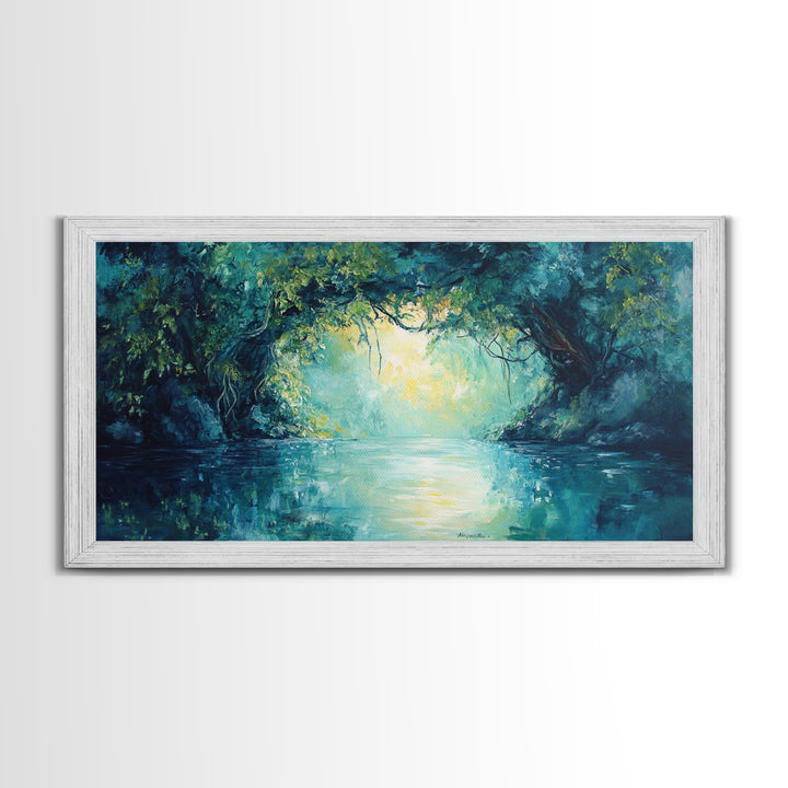 Mystical River, Framed Canvas Print, landscape painting, moody art, forest at dusk painting, teal wall art, extra wide art