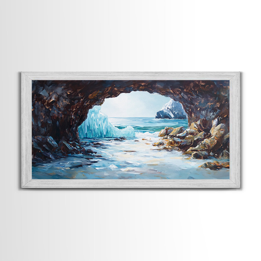 Coastal Ice Cave, Canvas Print, seascape painting, nautical decor, blue and green wall art, landscape painting, extra wide art