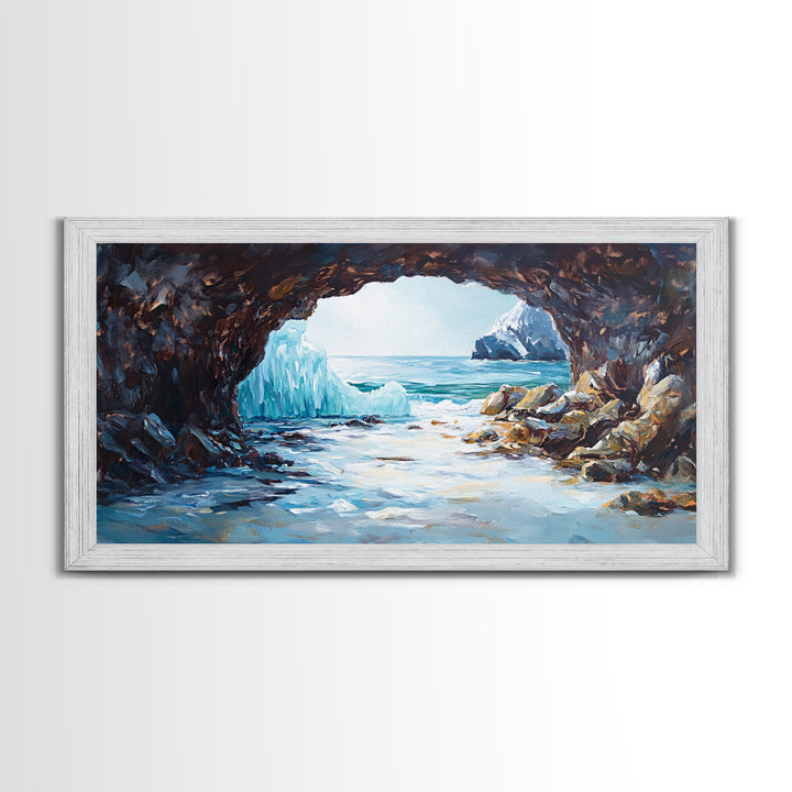 Coastal Ice Cave, Canvas Print, seascape painting, nautical decor, blue and green wall art, landscape painting, extra wide art