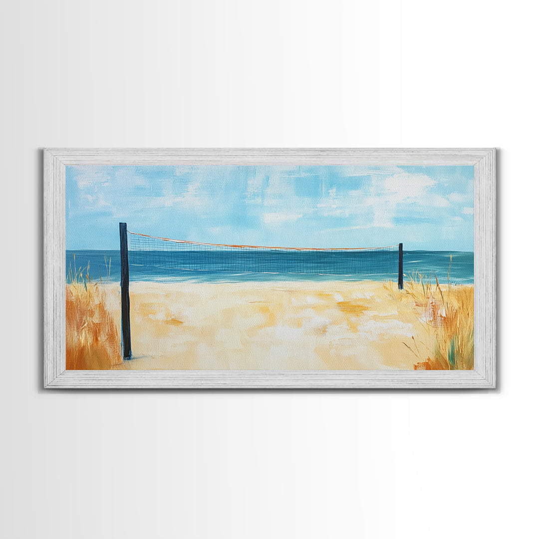 Beach Volleyball, Coastal Wall Art, Nautical Decor, Seascape Painting, Ocean Painting, Framed Canvas Print, Extra Wide Art, Boho Art