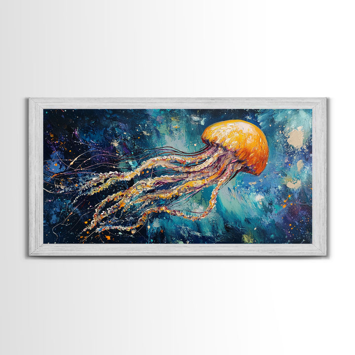 Cosmic Jellyfish, Canvas Print, ocean art, octopus art, dolphin painting, extra wide art, dark romance painting, coastal wall art