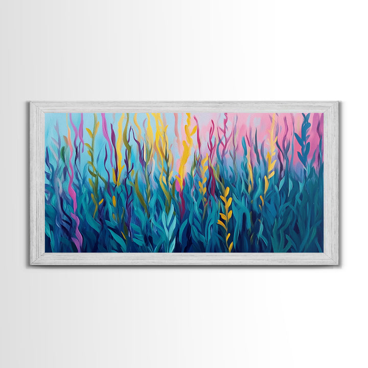 Abstract Seaweed, Framed Canvas Print, ocean art, botanical prints, teal wall art, pink abstract art, extra wide art, coastal decor
